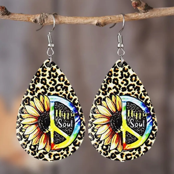 New Sunflower Leopard Hippie Soul Peace Teardrop Dangle Earrings Faux Leather - Picture 2 of 4